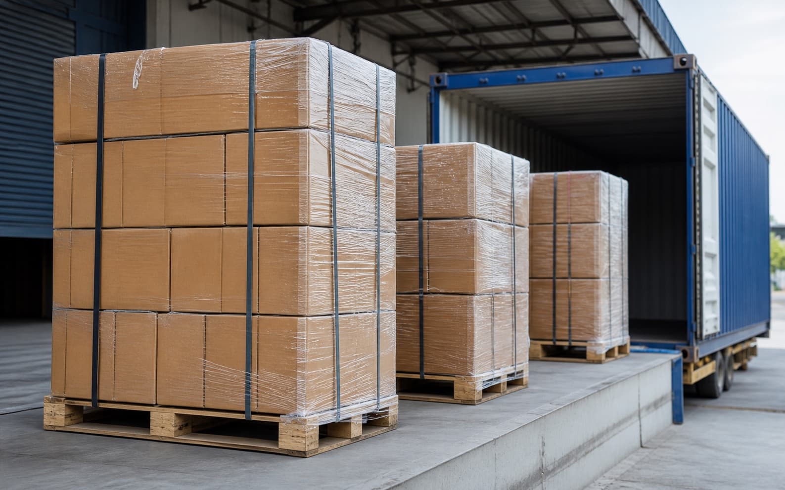 Stretch-wrapped cartons prepared for warehouse and export dispatch